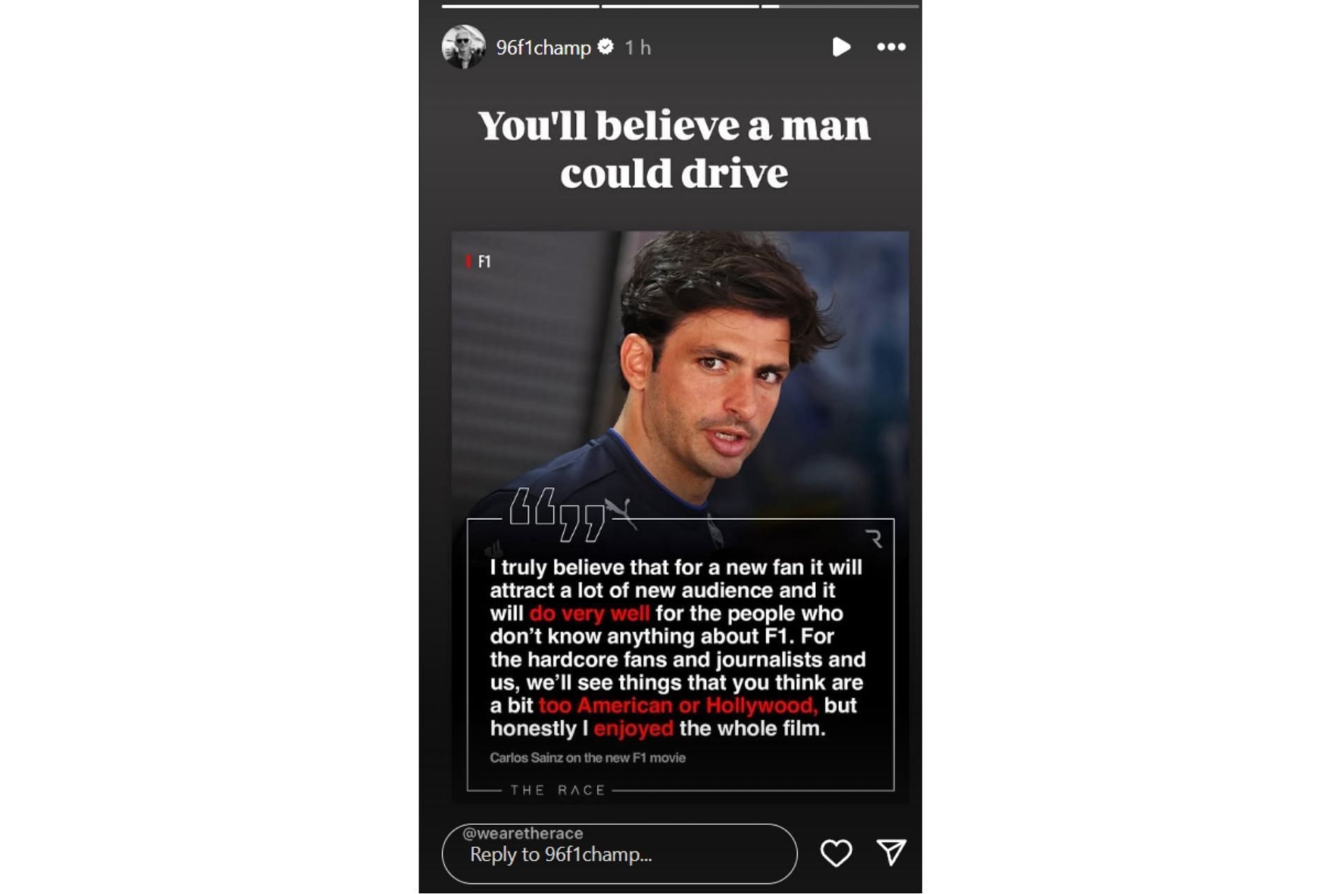 Damon Hill reacts to Carlos Sainz's review of the F1 film (@96f1champ on Instagram)
